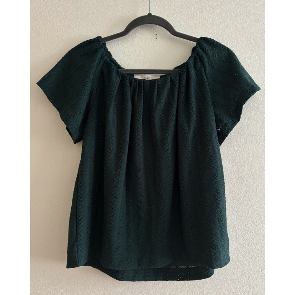 NWT Loft Hunter Green Eyelet Pattern Flutter Cap Sleeve Blouse XS